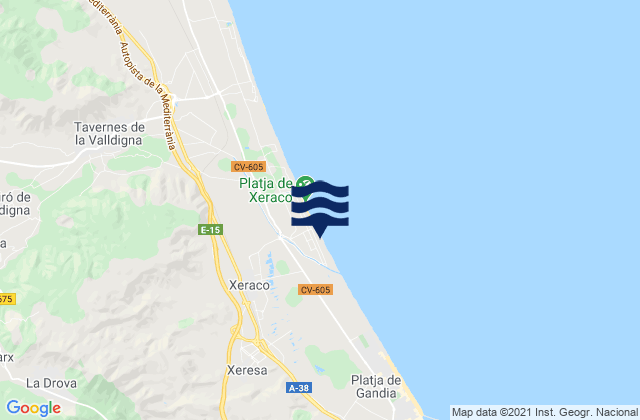 Mapa da tábua de marés em Xeraco,Jaraco, Spain
