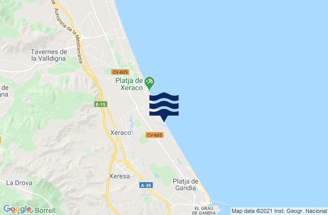 Mapa da tábua de marés em Xeresa, Spain