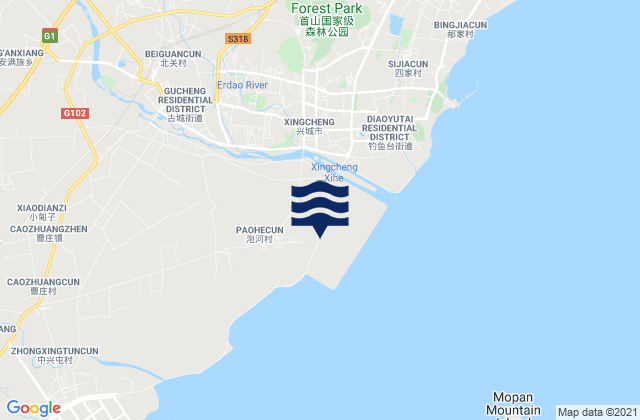Mapa da tábua de marés em Xingcheng, China