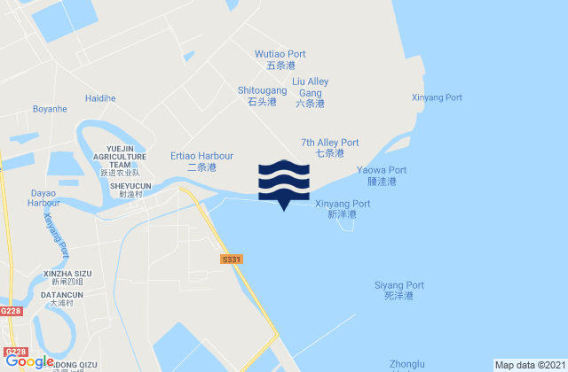Mapa da tábua de marés em Xinyang Gang, China