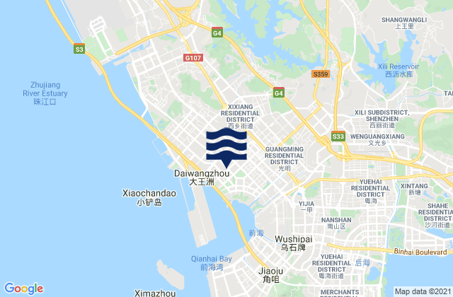 Mapa da tábua de marés em Xixiang, China