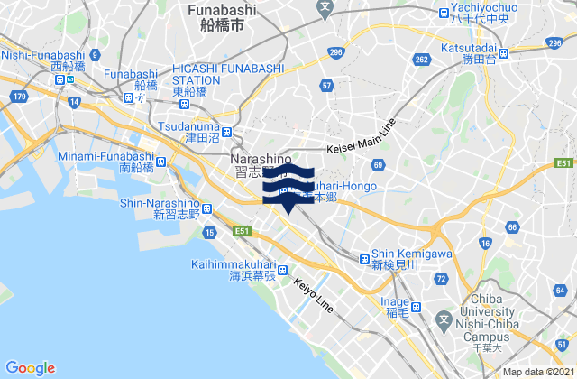 Mapa da tábua de marés em Yachiyo-shi, Japan