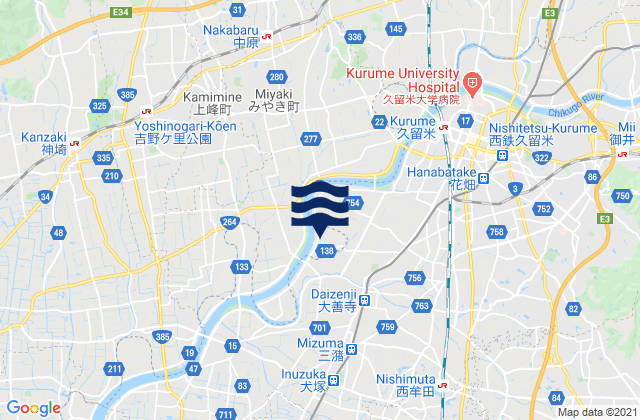 Mapa da tábua de marés em Yame Shi, Japan