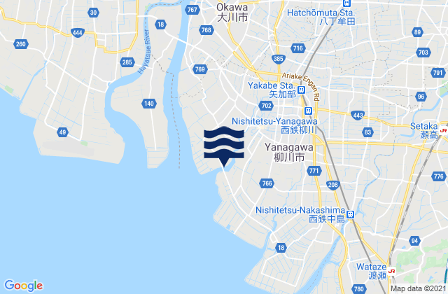 Mapa da tábua de marés em Yanagawa Shi, Japan