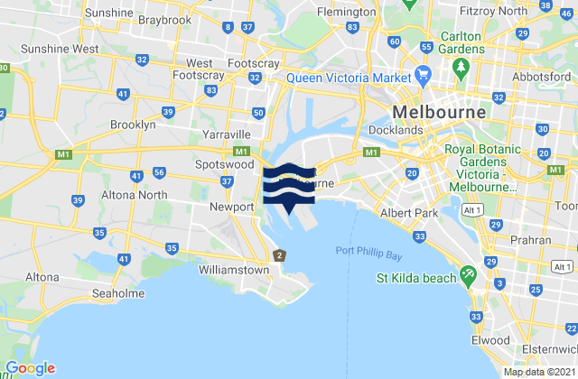 Mapa da tábua de marés em Yarraville, Australia