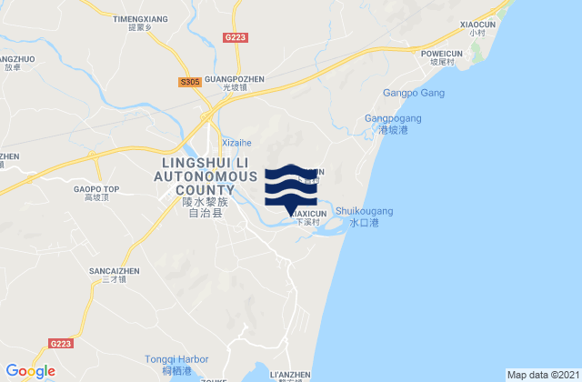 Mapa da tábua de marés em Yelin, China