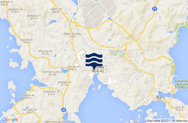 Mapa da tábua de marés em Yeosu-si, South Korea