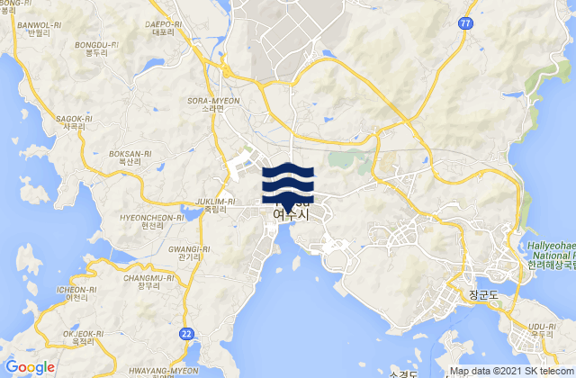 Mapa da tábua de marés em Yeosu, South Korea