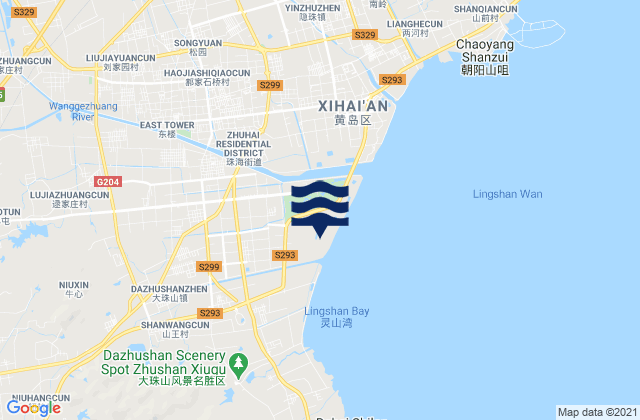 Mapa da tábua de marés em Yinzhu, China