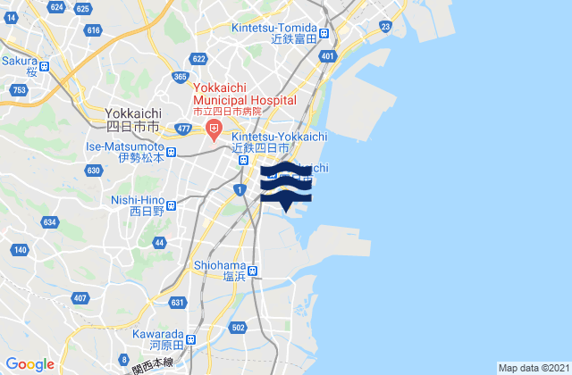 Mapa da tábua de marés em Yokkaichi Ko Iseno Umi, Japan