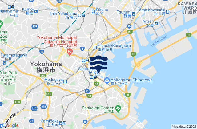 Mapa da tábua de marés em Yokohama-Sinko, Japan