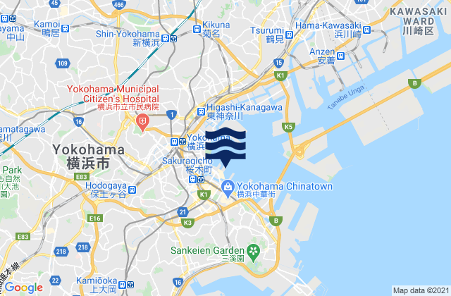 Mapa da tábua de marés em Yokohama Sinko, Japan