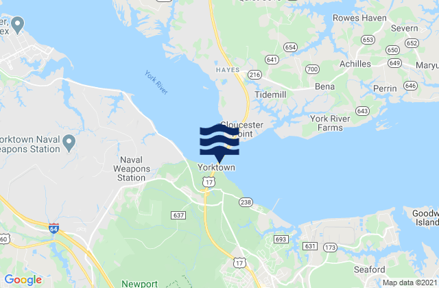 Mapa da tábua de marés em Yorktown, United States