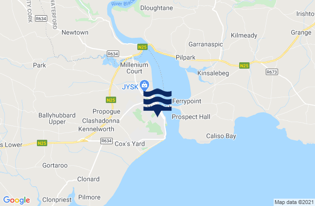 Mapa da tábua de marés em Youghal, Ireland