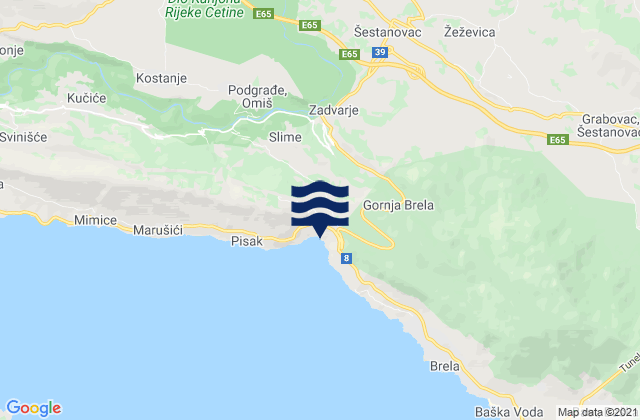 Mapa da tábua de marés em Zadvarje, Croatia