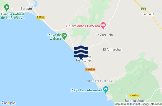 Mapa da tábua de marés em Zahara de los Atunes., Spain