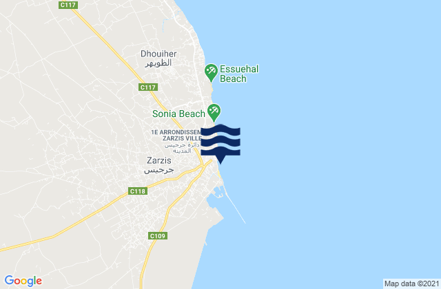 Mapa da tábua de marés em Zarzis, Tunisia
