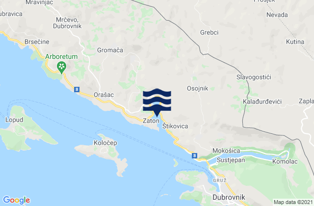 Mapa da tábua de marés em Zaton, Croatia