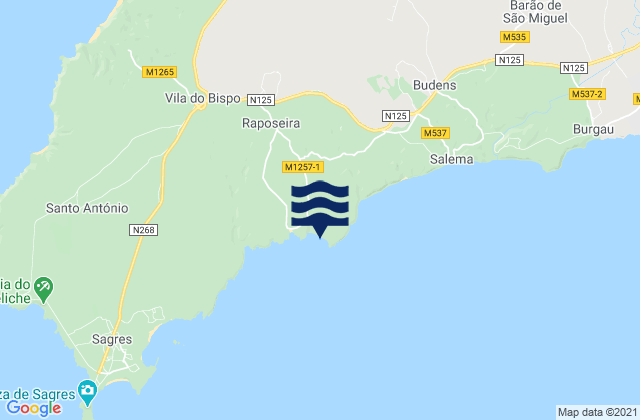 Mapa da tábua de marés em Zavial, Portugal