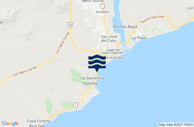 Mapa da tábua de marés em Zippers-Costa Azul, Mexico