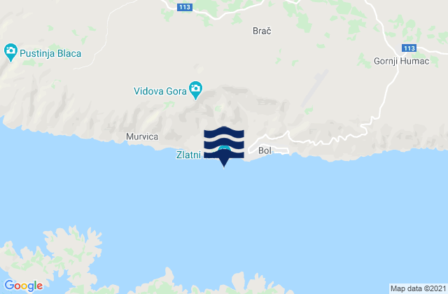 Mapa da tábua de marés em Zlatni Rat, Croatia