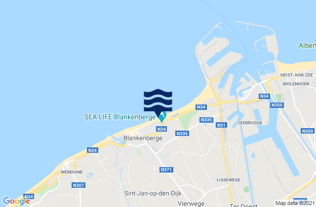 Mapa da tábua de marés em Zuienkerke, Belgium