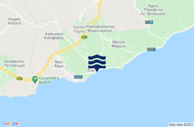 Mapa da tábua de marés em Zýgi, Cyprus