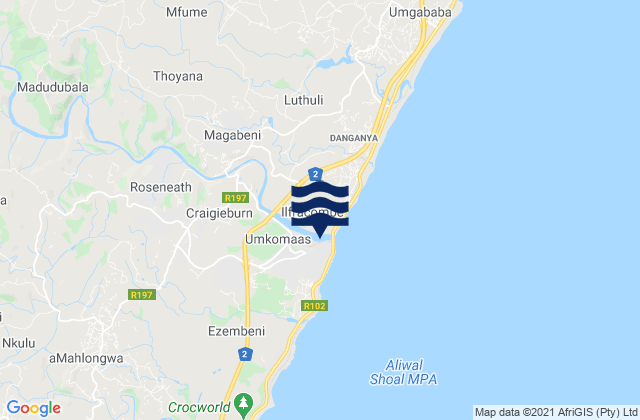 Mapa da tábua de marés em eMkhomazi, South Africa