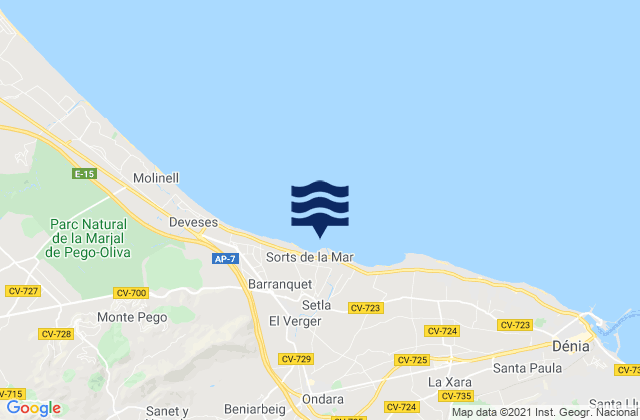 Mapa da tábua de marés em els Poblets, Spain