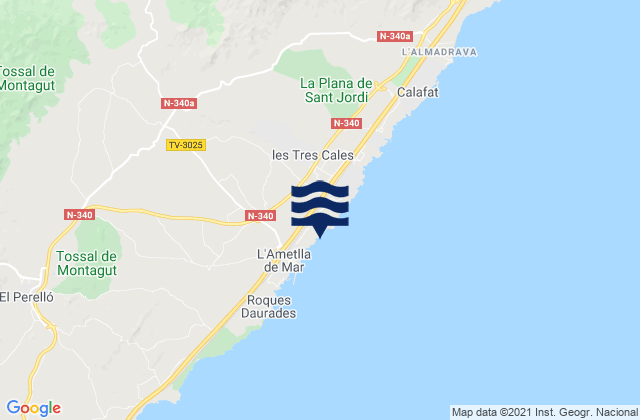Mapa da tábua de marés em l'Ametlla de Mar, Spain