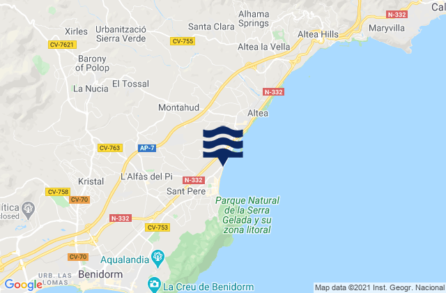 Mapa da tábua de marés em la Nucia, Spain