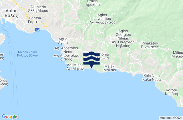 Mapa da tábua de marés em Áno Lekhónia, Greece