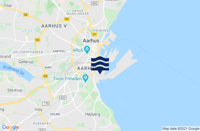Mapa da tábua de marés em Århus Kommune, Denmark