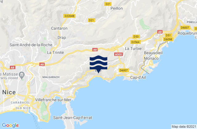 Mapa da tábua de marés em Èze, France
