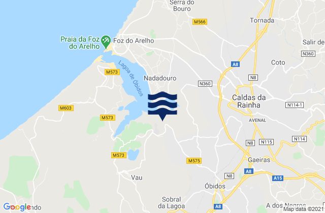 Mapa da tábua de marés em Óbidos, Portugal