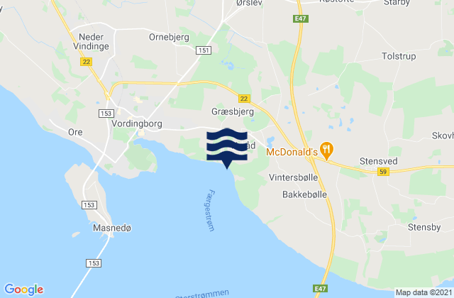 Mapa da tábua de marés em Ørslev, Denmark