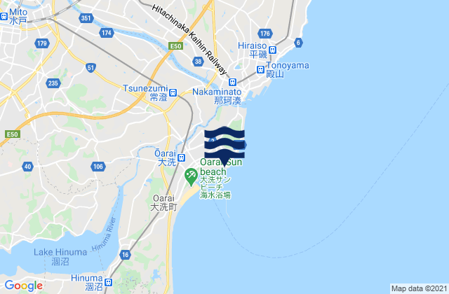Mapa da tábua de marés em Ōarai, Japan