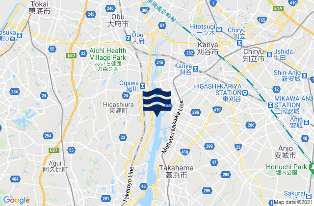 Mapa da tábua de marés em Ōbu-shi, Japan
