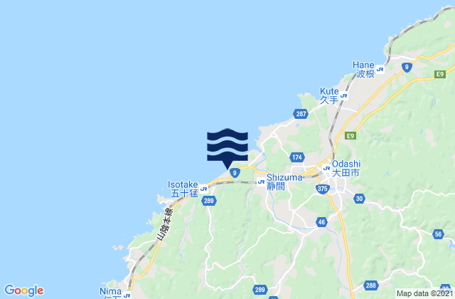 Mapa da tábua de marés em Ōda Shi, Japan