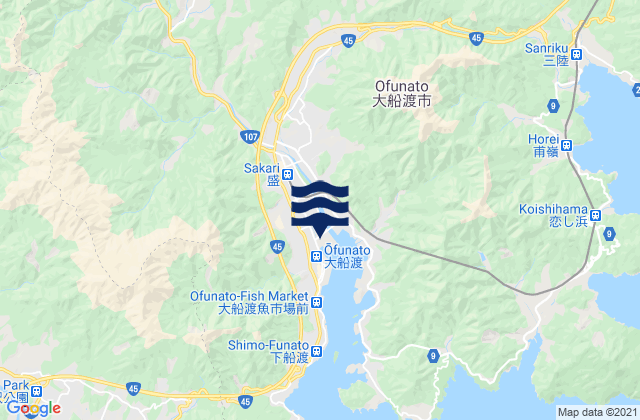 Mapa da tábua de marés em Ōfunato, Japan