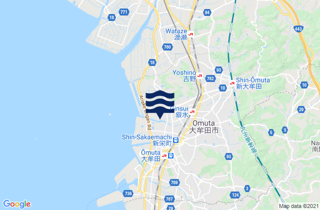 Mapa da tábua de marés em Ōmuta Shi, Japan