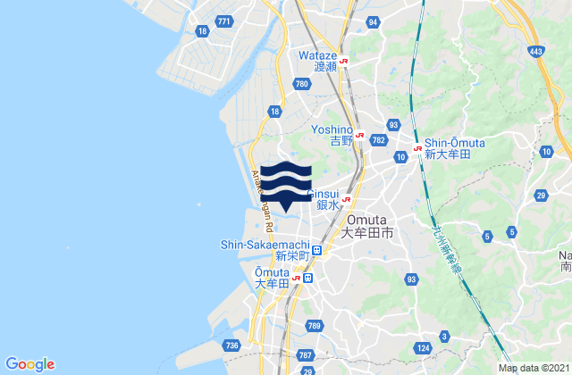 Mapa da tábua de marés em Ōmuta, Japan