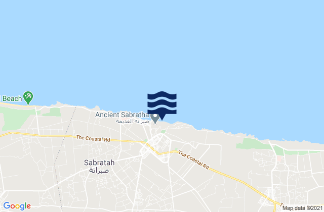 Mapa da tábua de marés em Şabrātah, Libya
