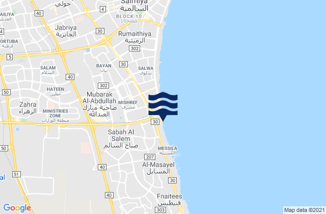 Mapa da tábua de marés em Şabāḩ as Sālim, Kuwait