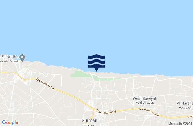 Mapa da tábua de marés em Şurmān, Libya
