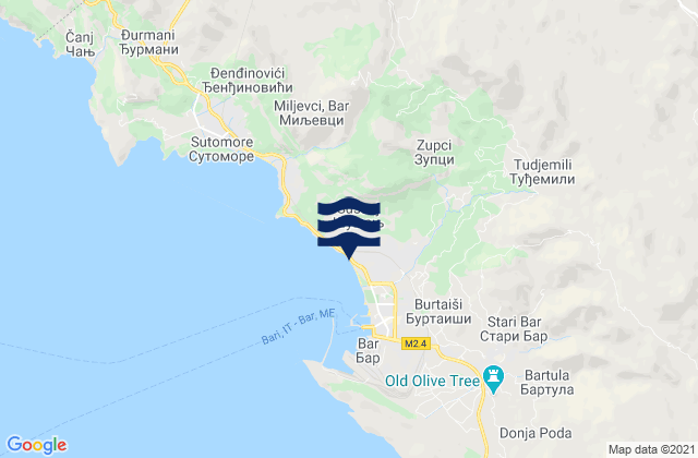 Mapa da tábua de marés em Šušanj, Montenegro