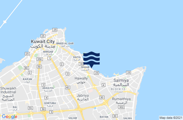 Mapa da tábua de marés em Ḩawallī, Kuwait