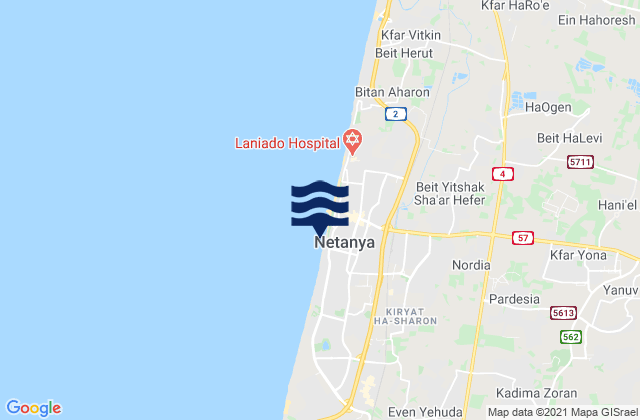 Mapa da tábua de marés em Ẕur Moshe, Israel